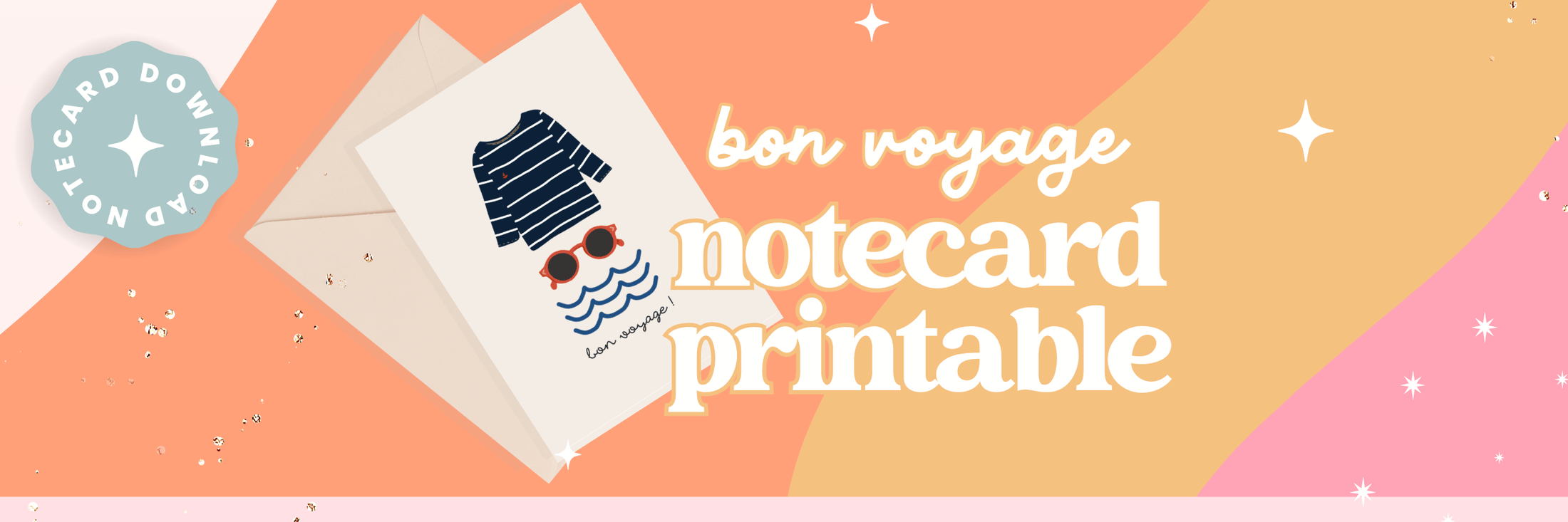 Modern free card with geometric shapes, a tiny suitcase, and bold typography saying 'Travel Well' in contrasting hues.